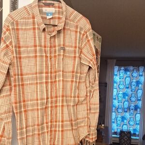Columbia Men's Orange and Cream Plaid Shirt